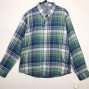 IZOD Saltwater Blue Green Plaid Untucked Length Long Sleeve Button Down Shirt